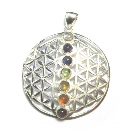 Anhänger Blume des Lebens mit Chakra Steinen 32 mm 925er Silber