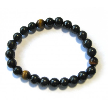 Kugel-Armband, Schungit (Steinkohle) glatt 3 Tigerauge glatt 8 mm