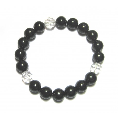 Kugel-Armband Schungit (Steinkohle) glatt 3 Bergkristall facettiert 10 mm