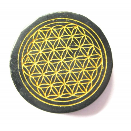 Scheibe Schungit (Steinkohle) 9 cm mit Gravur goldfarben Blume des Lebens