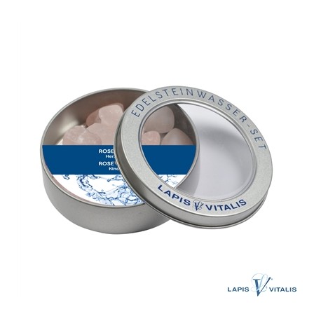 Wassersteine Rosenquarz in Metall-Geschenkdose