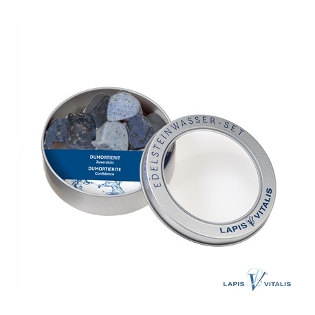 Wassersteine Dumortierit in Metall-Geschenkdose