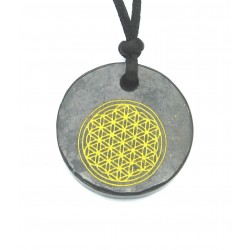 Scheibe Schungit mit Goldfarbener Gravur Blume des Lebens 35 mm frontgebohrt