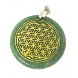 Anhänger Aventurinquarz grün 38 mm mit Blume des Lebens goldfarben