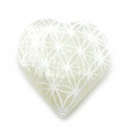 Herz Selenit (Fasergips) 5 - 5,5 cm mit Gravur Blume des Lebens