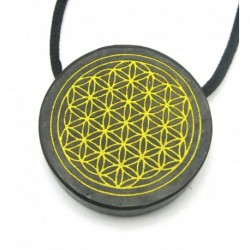 Scheibe Schungit (Steinkohle) mit Goldfarbener Gravur Blume des Lebens 35 mm quergebohrt