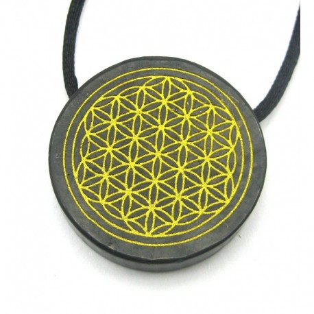 Scheibe Schungit (Steinkohle) mit Goldfarbener Gravur Blume des Lebens 35 mm quergebohrt