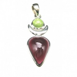 Anhänger Granat mit Peridot Tropfen mit Halbmond und Kreis, 13x40 mm, 925er Silber