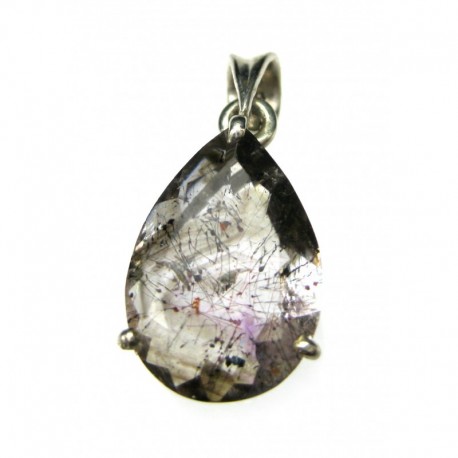 Anhänger Goehtitquarz facettiert Tropfen, 12x25 mm, Krampenfassung, 925er Silber