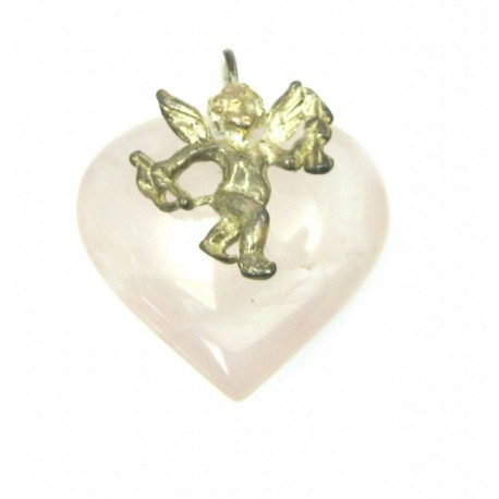 Herz Anhänger Rosenquarz mit Schutzengel Puttenengel 25 mm 925er Silber