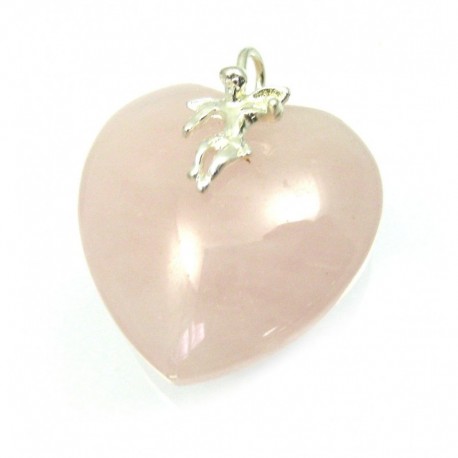 Herz-Anhänger Rosenquarz mit Schutzengel (Silber) 25 mm