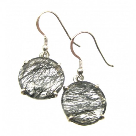 Ohrhänger Turmalinquarz facettiert Kreis, 16x20 mm, Krampenfassung, offener Ohrhaken, 925er Silber