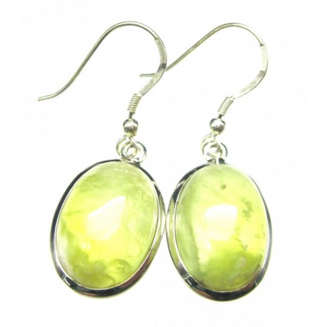Ohrhänger Prehnit limone Oval, 15x24 mm, offener Ohrhaken, 925er Silber
