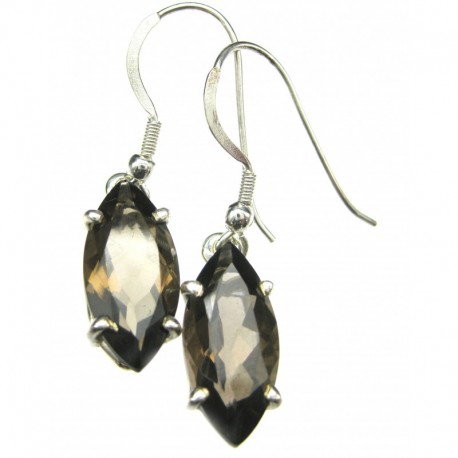 Ohrhänger Rauchquarz facettiert Navette, 7x19 mm, Krampenfassung, offener Ohrhaken, 925er Silber