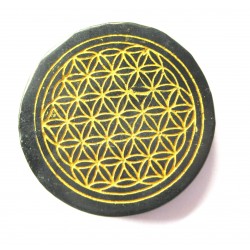 Scheibe Schungit 3,5 cm mit Gravur goldfarben Blume des Lebens
