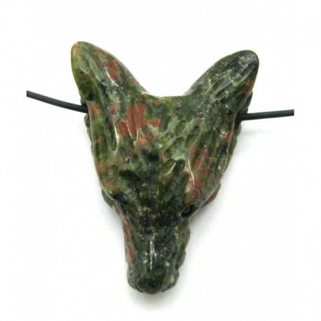 Anhänger Wolfskopf Epidot Unakit flach 3 x 3,5 cm