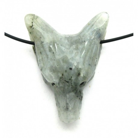 Anhänger Wolfskopf Labradorit grau flach 3 x 3,5 cm