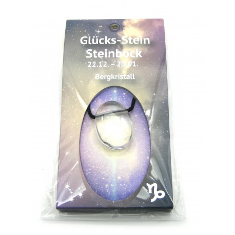 Linsenstein gebohrt mit Band auf Astro-Karte  Steinbock/Bergkristall