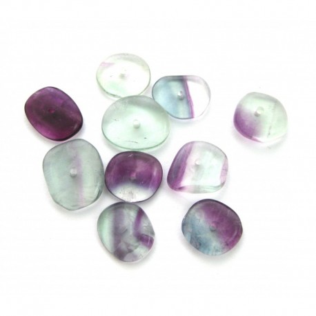 10 unregelmäßige Scheiben gebohrt 9-13 mm Fluorit bunt mit sehr feiner Bohrung
