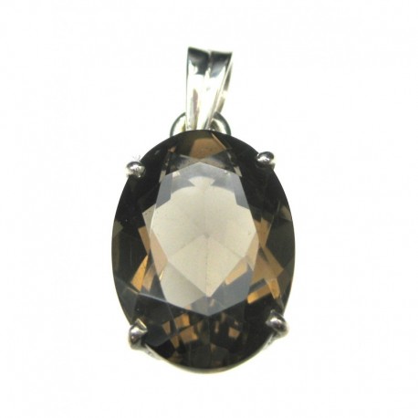 Anhänger Rauchquarz facettiert Oval, 11x28 mm, Krampenfassung, 925er Silber