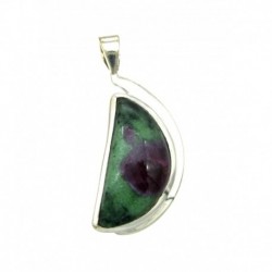 Anhänger Zoisit (Anyolith) mit Rubin Halbkreis, 16x39 mm, feste Öse, Schlaufenform, 925er Silber