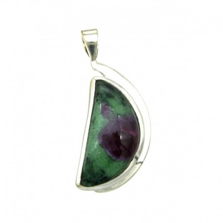 Anhänger Zoisit (Anyolith) mit Rubin Halbkreis, 16x39 mm, feste Öse, Schlaufenform, 925er Silber