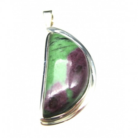 Anhänger Zoisit (Anyolith) mit Rubin Halbkreis, 28x48 mm, feste Öse, Schlaufenform, 925er Silber