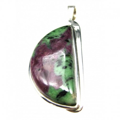 Anhänger Zoisit (Anyolith) mit Rubin Halbkreis, 25x60 mm, feste Öse, Schlaufenform, 925er Silber