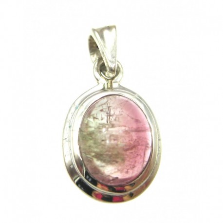 Anhänger Turmalin hellrot/ hellgrün Oval, 12x22 mm, 925er Silber