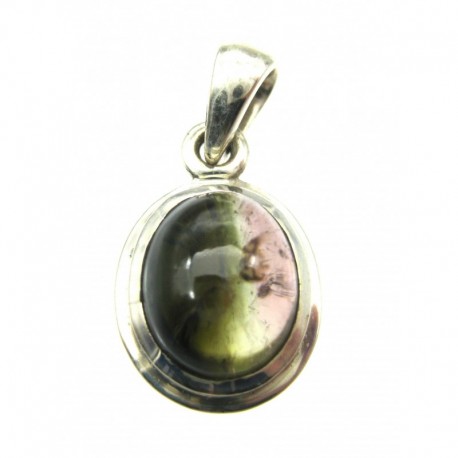 Anhänger Turmalin grün mit hellrot Oval, 13x23 mm, 925er Silber
