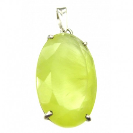 Anhänger Prehnit limone facettiert Oval, 17x40 mm, Krampenfassung, 925er Silber