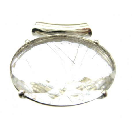 Anhänger Rutilquarz facettiert Oval, 28x27 mm, Pipe, Krampenfassung, 925er Silber