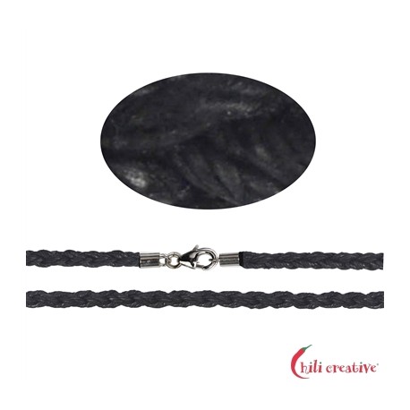 Baumwoll Collier schwarz 3/45 925er Silber Karabiner geflochten