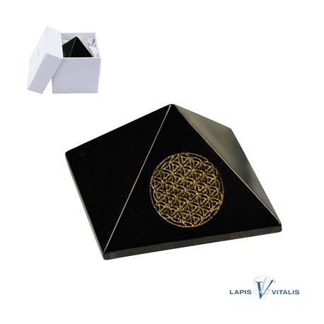 Pyramide Schungit (Steinkohle) mit Blume des Lebens 6 cm