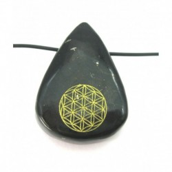 Tropfen gebohrt Schungit (Steinkohle) mit goldfarbener Blume des Lebens 3cm