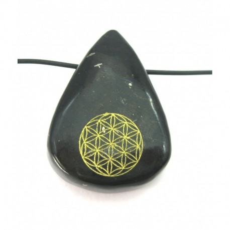 Tropfen gebohrt Schungit (Steinkohle) mit goldfarbener Blume des Lebens 3cm