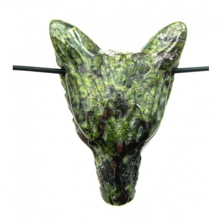 Anhänger Wolfskopf Drachenblutstein Epidot-Quarzit flach 3 x 3,5 cm