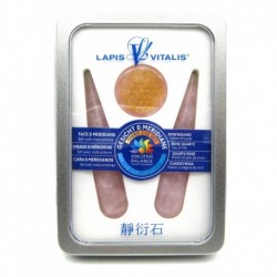 Meridian-Set Rosenquarz (Lebensfreude) 2 Griffel und 1 Scheibe Blume des Lebens