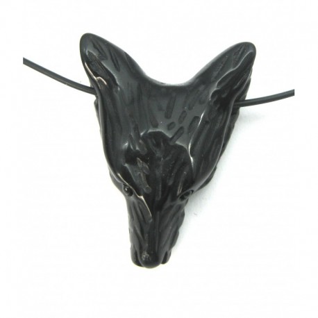 Anhänger Wolfskopf Obsidian schwarz flach 3 x 3,5 cm