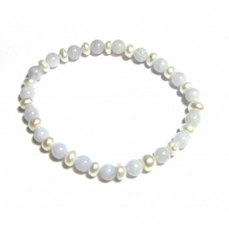 Kugel-Armband Chalcedon blau mit Süßwasserzucht-Perle 6 mm