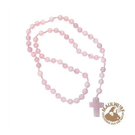 Rosenkranz Rosenquarz mit viersprachiger Erklärung 59 Kugeln 29 cm