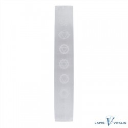 Platte Selenit (Fasergips) mit Chakra-Symbolen 18 - 20 cm