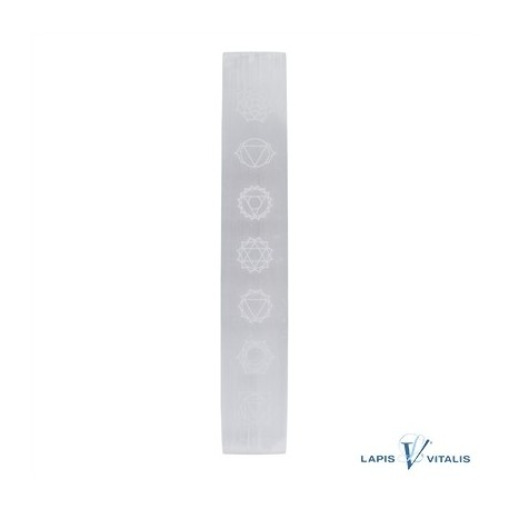 Platte Selenit (Fasergips) mit Chakra-Symbolen 18 - 20 cm