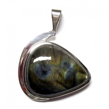 Anhänger Schlaufe Labradorit grün Freeform, 31x40 mm, 925er Silber