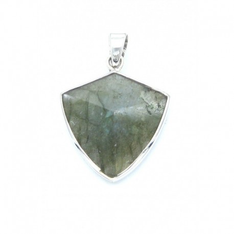 Anhänger Labradorit Schild grün schimmernd facettiert, 31x34 mm, 925er Silber