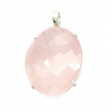 Anhänger Rosenquarz facettiert Oval 31x52 mm 925er Silber