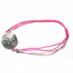 Armband Blume des Lebens 18 mm 925er Silber mit verstellbarem neonpinken Stoffband