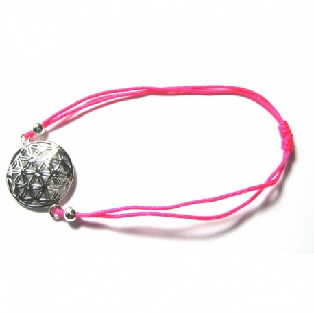 Armband Blume des Lebens 18 mm 925er Silber mit verstellbarem neonpinken Stoffband