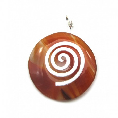 Donuthalter Spirale Messing versilbert mit Donut Carneol (erhitzt) 40 mm