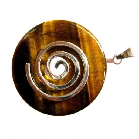 Donuthalter Spirale Messing versilbert mit Donut Tigerauge 40 mm
